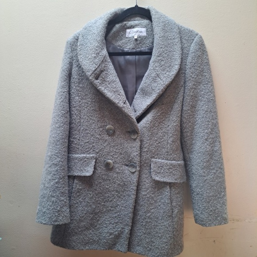 Calvin Klein Women Double Breasted Wool Blend Boucle Coat Grey Size 8